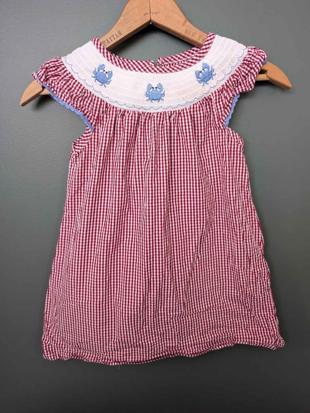 Gingham Girls' Smocked Dress with Maryland Blue Crab Embroidery Smocked